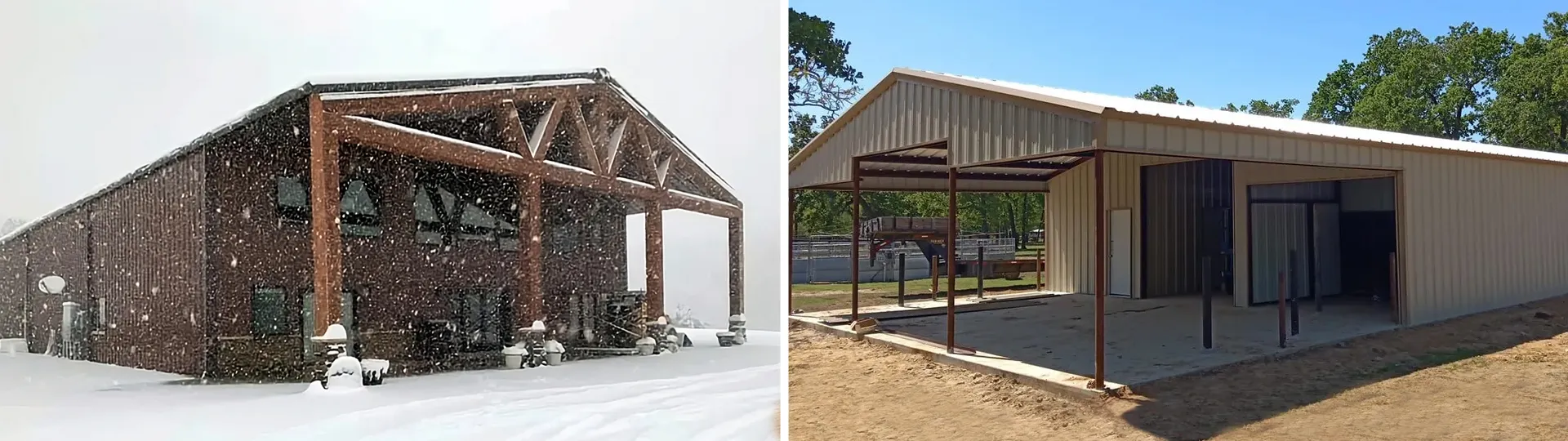 Large metal building in snow and large metal farm building