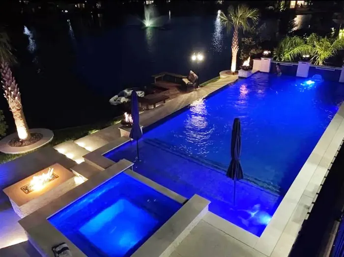 Nighttime view of swimming pool